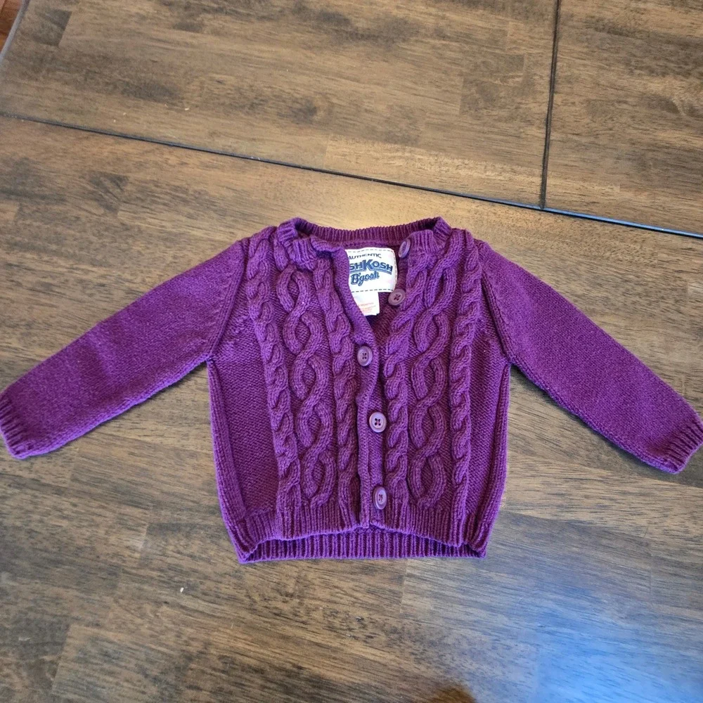 OshKosh Bgosh Purple Cable Knit Cardigan and  Floral Corduroy‎ Pants Set 12M VTG